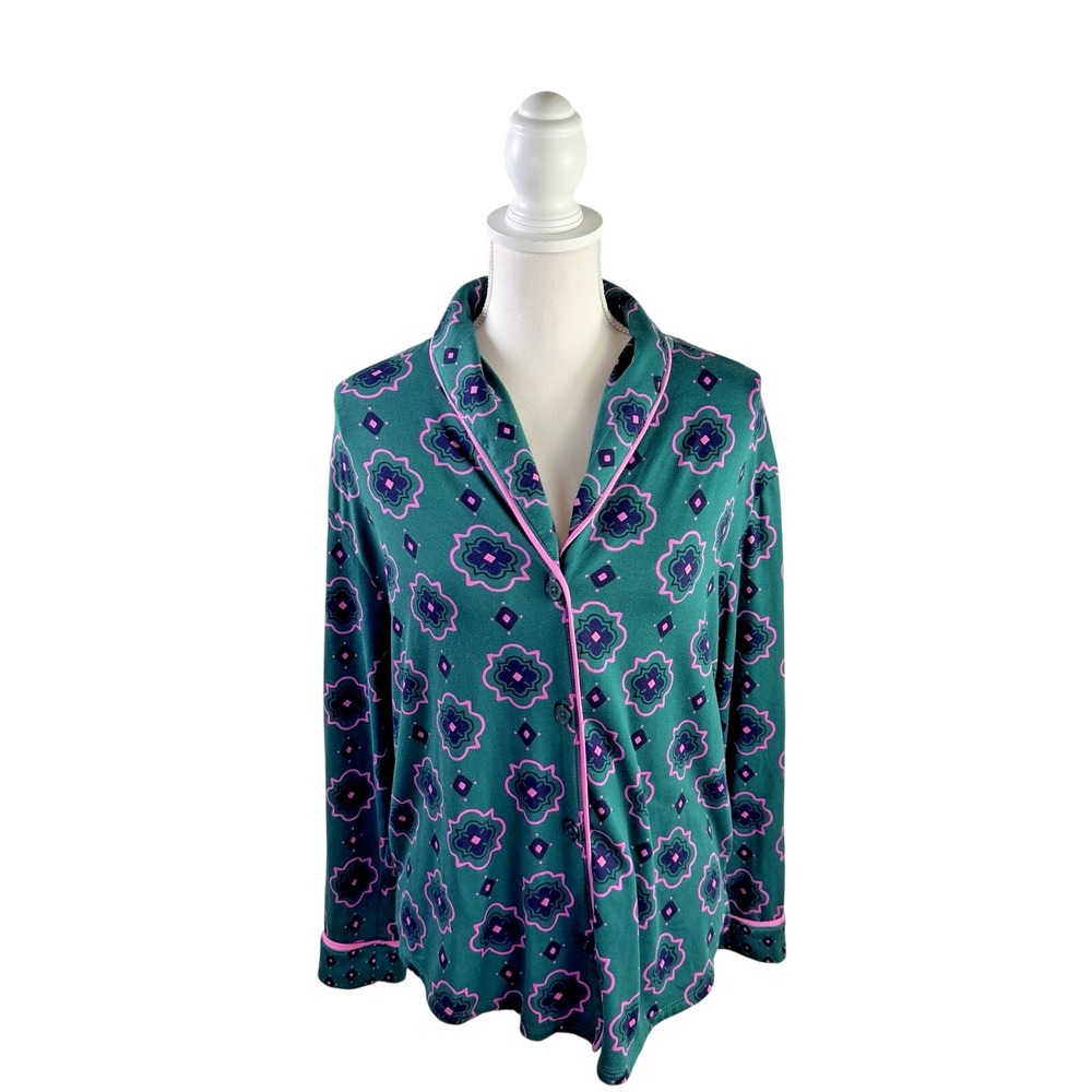 Room Service Pajama Shirt Womens Large Green Diamond Top Sleepwear PJ Button Up